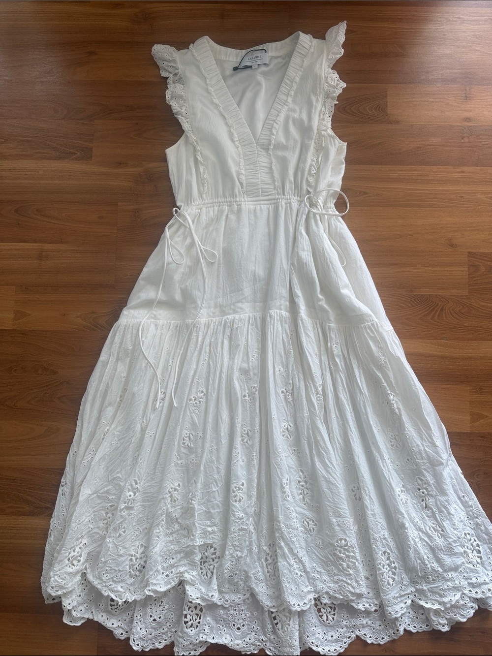 La Ligne White Eyelet Ruffle Tie-Waist Maxi Dress